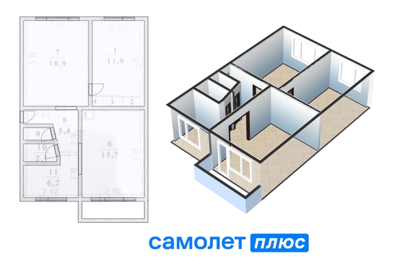 
   Продам 3-комнатную, 60.9 м², Спортивная ул, 20А

. Фото 2.