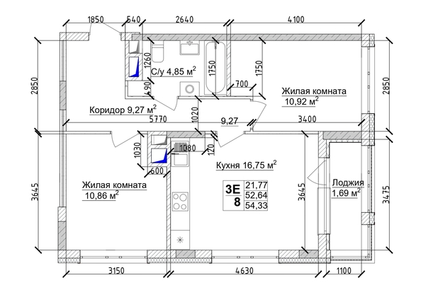 
   Продам 3-комнатную, 55.78 м², 7 высот, дом 6а

. Фото 4.