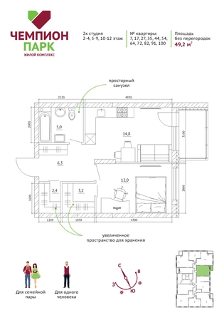 
  Продается 2-комн. квартира, 49.2 м², ЖК Чемпион-парк, дом 1
. Фото 2.