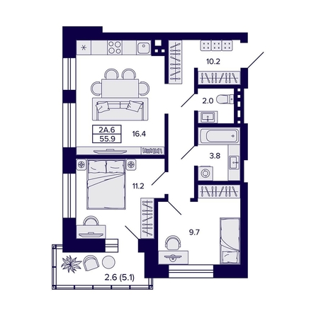 
  Продается 2-комн. квартира, 55.9 м², ЖК Сподвижники
. Фото 1.