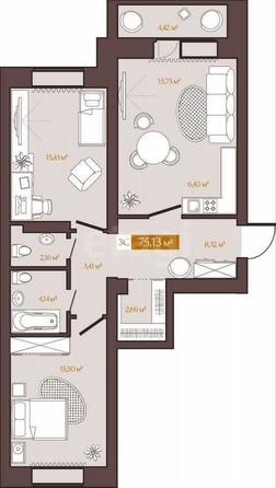 
   Продам 2-комнатную, 75 м², Некрасова ул, 45

. Фото 3.