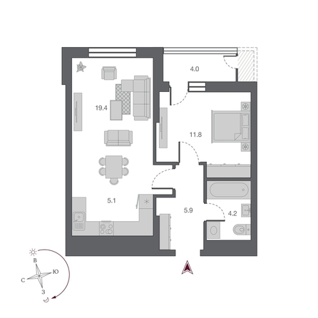 
   Продам 2-комнатную, 46.4 м², Беринг, дом 2

. Фото 1.
