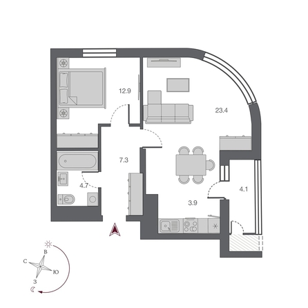 
   Продам 2-комнатную, 52.2 м², Беринг, дом 2

. Фото 1.