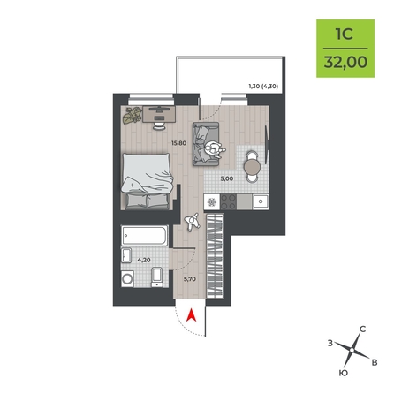 
   Продам студию, 30.7 м², ДНК

. Фото 1.