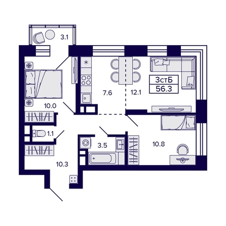 
  Продается 3-комн. квартира, 56.3 м², ЖК Citatum (Цитатум)
. Фото 1.