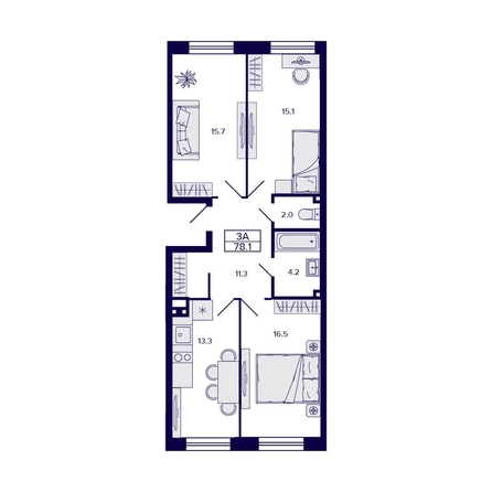 
  Продается 3-комн. квартира, 78.1 м², ЖК Gorizont (Горизонт)
. Фото 1.