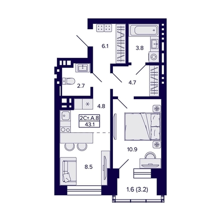 
  Продается 2-комн. квартира, 43.1 м², ЖК Сподвижники
. Фото 1.