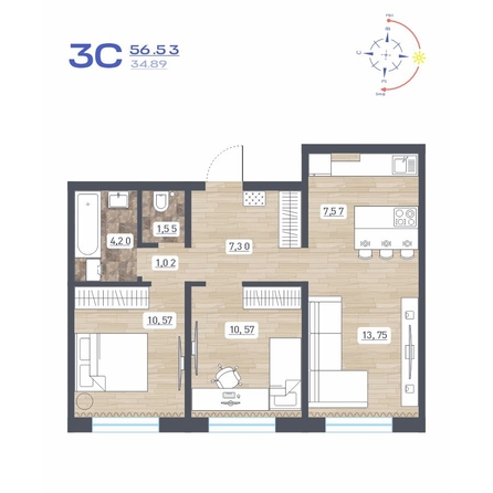 
  Продается 3-комн. квартира, 56.53 м², ЖК Радуга Сибири, дом 10
. Фото 1.