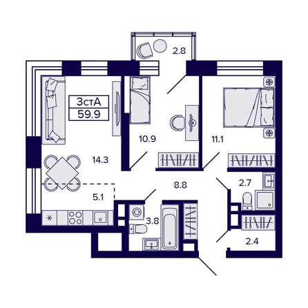 
  Продается 3-комн. квартира, 59.9 м², ЖК Citatum (Цитатум)
. Фото 1.