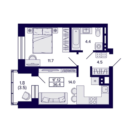 
  Продается 1-комн. квартира, 36.4 м², ЖК Сподвижники
. Фото 1.