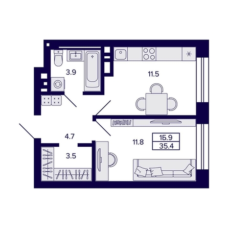 
  Продается 1-комн. квартира, 35.4 м², ЖК Сподвижники
. Фото 1.