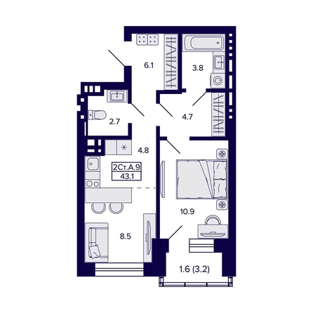 
  Продается 2-комн. квартира, 43.1 м², ЖК Сподвижники
. Фото 1.