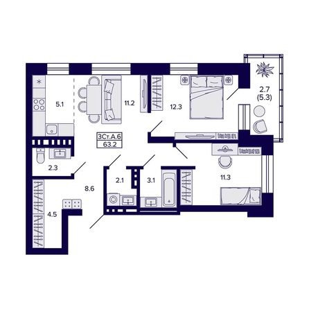 
  Продается 3-комн. квартира, 63.2 м², ЖК Сподвижники
. Фото 1.