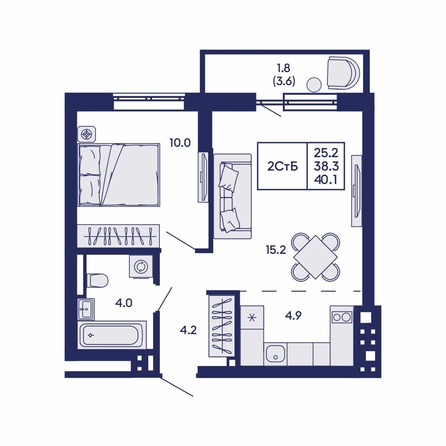 
  Продается 2-комн. квартира 40.1 м², в ЖК Горизонт, дом 2. Фото 2.