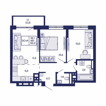 
  Продается 3-комн. квартира 50.2 м², в ЖК Горизонт, дом 2. Фото 2.