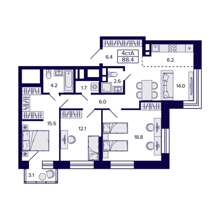 
  Продается 4-комн. квартира 87.6 м², в ЖК Цитатум. Фото 1.