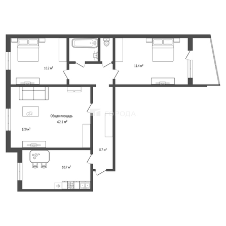 
  Продается 3-комн. квартира 62.1 м². Фото 22.
