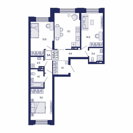 
  Продается 3-комн. квартира 83.4 м², в ЖК Сила леса, корп 1. Фото 1.