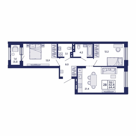 
  Продается 2-комн. квартира 64.4 м², в ЖК Сила леса, корп 2. Фото 2.