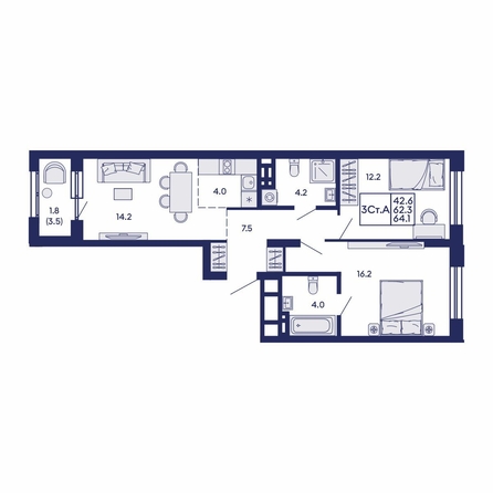 
  Продается 3-комн. квартира 64.1 м², в ЖК Сила леса, корп 2. Фото 1.