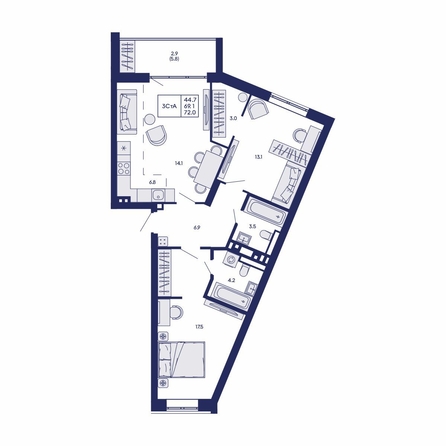 
  Продается 3-комн. квартира 72 м², в ЖК Горизонт, дом 2. Фото 2.