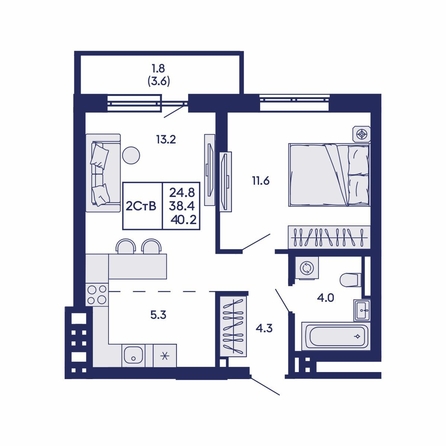 
  Продается 2-комн. квартира 40.2 м², в ЖК Горизонт, дом 2. Фото 4.