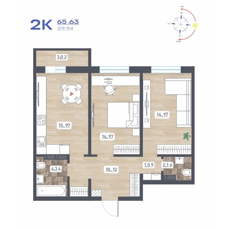 
  Продается 2-комн. квартира 65.63 м², в ЖК Радуга Сибири, дом 10. Фото 1.