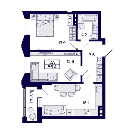 
  Продается 2-комн. квартира 56.4 м², в ЖК Грандо. Фото 1.