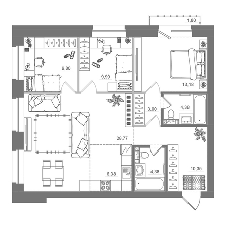 
  Продается 3-комн. квартира 91.61 м², в ЖК Спектр, дом 10. Фото 2.