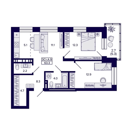 
  Продается 3-комн. квартира 63.3 м², в ЖК Сподвижники, дом 1. Фото 1.