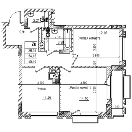
  Продается 2-комн. квартира 54.1 м², в ЖК Чернышевский, корп 3.3. Фото 1.