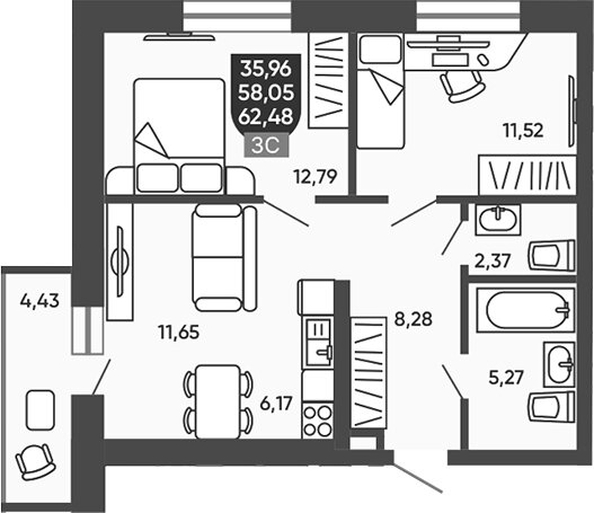 
  Продается 2-комн. квартира 58.94 м², в ЖК Ермак. Фото 1.