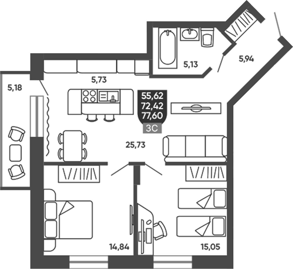 
  Продается 2-комн. квартира 72.42 м², в ЖК Ермак. Фото 1.