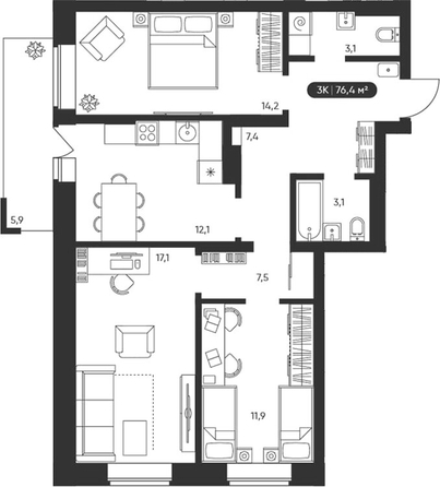 
  Продается 3-комн. квартира 76.4 м², в ЖК Черемушки на Приморской. Фото 1.