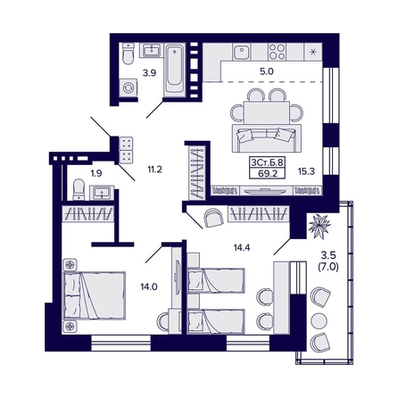 
  Продается 3-комн. квартира 69.2 м², в ЖК Сподвижники, дом 1. Фото 1.