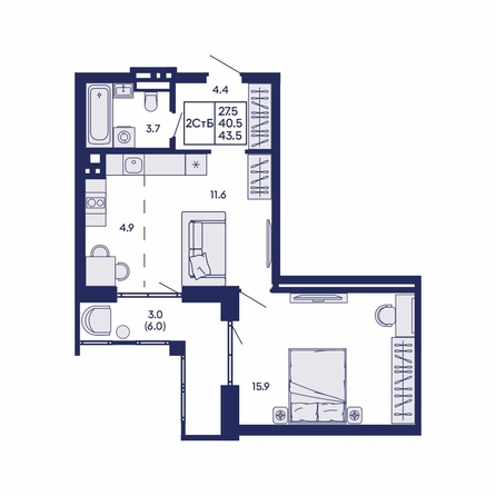 
  Продается 2-комн. квартира 43.5 м², в ЖК Горизонт, дом 2. Фото 1.