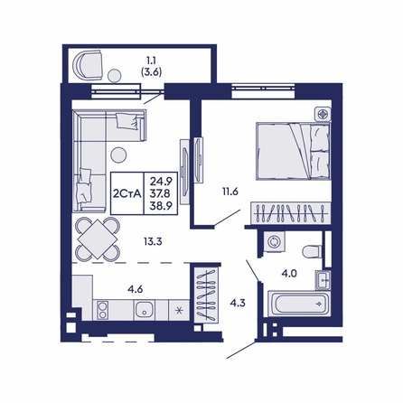 
  Продается 2-комн. квартира 38.9 м², в ЖК Горизонт, дом 2. Фото 1.