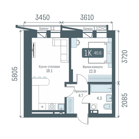 
  Продается 1-комн. квартира 40.6 м², в  Кварталы Немировича, 2 очередь. Фото 1.