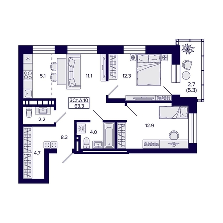 
  Продается 3-комн. квартира 63.3 м², в ЖК Сподвижники, дом 1. Фото 1.