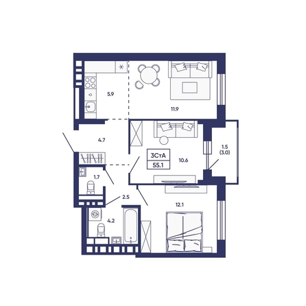 
  Продается 3-комн. квартира 55.1 м², в ЖК Сподвижники, дом 3. Фото 1.