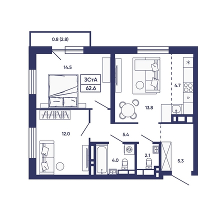 
  Продается 3-комн. квартира 62.6 м², в ЖК Сподвижники, дом 2. Фото 1.