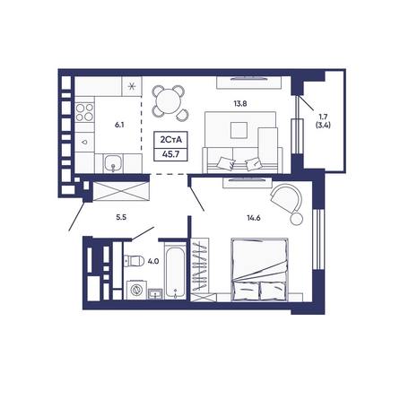 
  Продается 2-комн. квартира 45.7 м², в ЖК Сподвижники, дом 3. Фото 1.