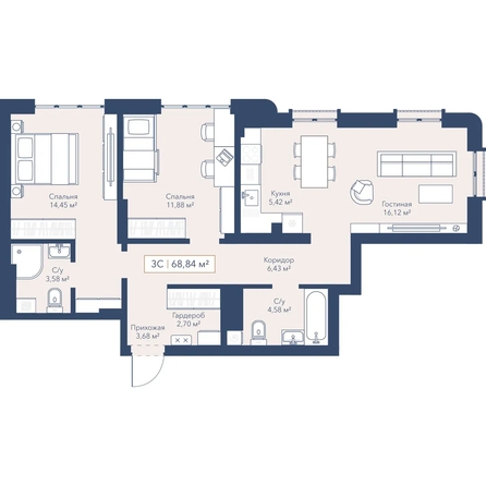 
  Продается 2-комн. квартира 68.84 м², в ЖК Виларт, дом 2. Фото 1.