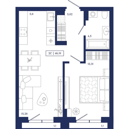 
  Продается 1-комн. квартира 46.91 м², в ЖК Юнити Центр. Фото 1.