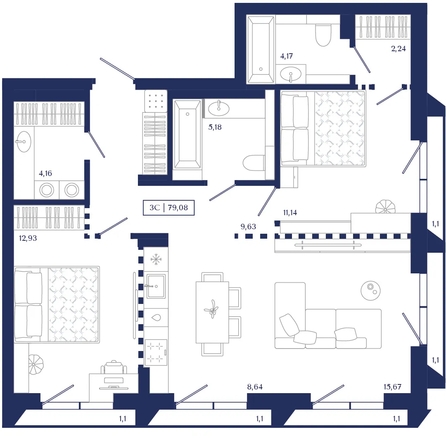 
  Продается 2-комн. квартира 79.08 м², в ЖК Юнити Центр. Фото 1.