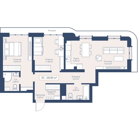 
  Продается 2-комн. квартира 68.84 м², в ЖК Виларт, дом 2. Фото 1.