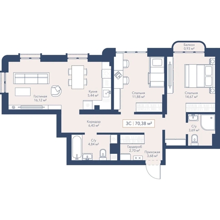 
  Продается 2-комн. квартира 70.38 м², в ЖК Виларт, дом 2. Фото 1.