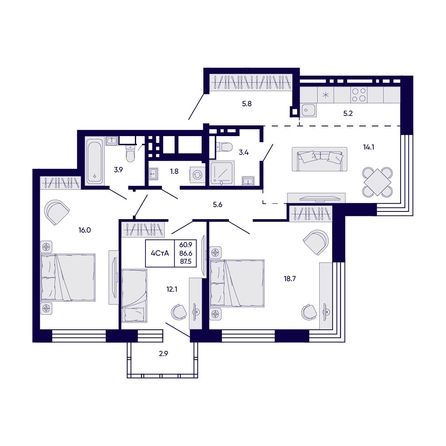 
  Продается 4-комн. квартира 87.5 м², в ЖК Цитатум. Фото 1.