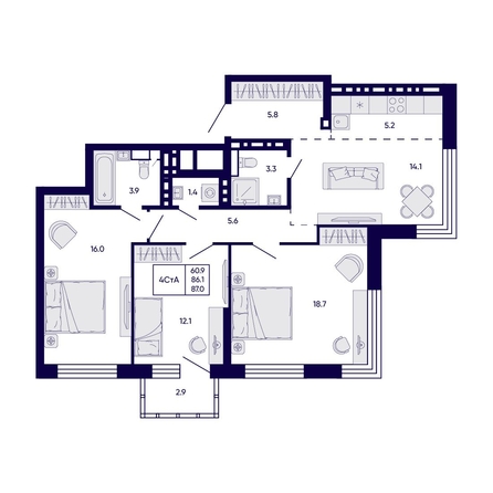 
  Продается 4-комн. квартира 87 м², в ЖК Цитатум. Фото 1.