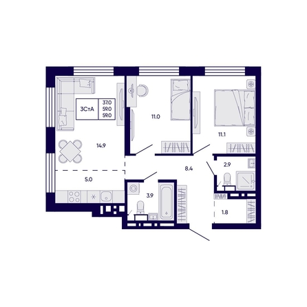 
  Продается 3-комн. квартира 59 м², в ЖК Цитатум. Фото 1.